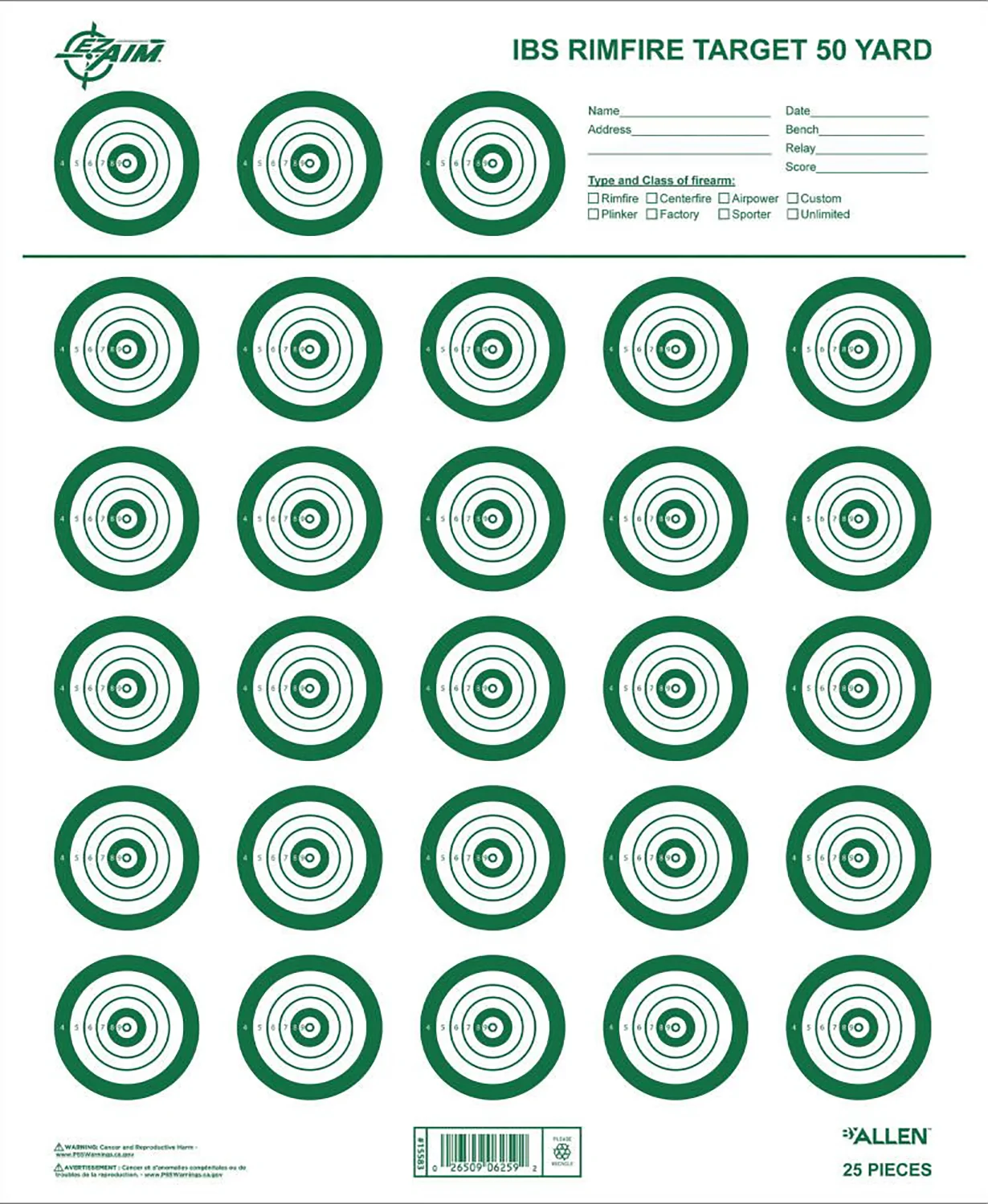Allen Official IBS Rimfire Target Non-Adhesive White/Green 25 Pack